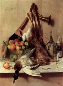 Still Life With Fruit, Game And Trumpet On A Marble Ledge by Oreste Costa