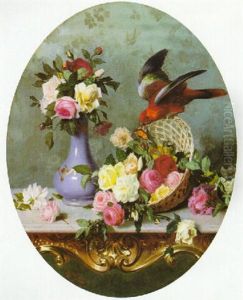 Still Life With Roses, Butterfly And A Parrot by Oreste Costa