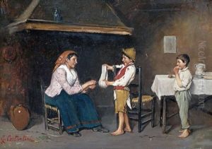 Bauerliches Kucheninterieur Mit Mutter Und Kindern by Giuseppe Costantini