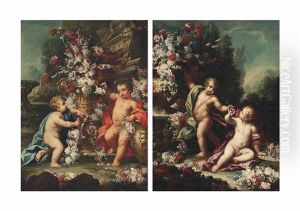 Two Putti By An Urn With Roses, Tulips And Other Flowers, Near A Tomb, A Fountain And A Village Beyond; And Two Putti With Roses, Carnations And Other Flowers In A Sculpted Urn In A Wooded Landscape