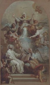 The Virgin In Mourning Appearing In A Vision To Saint Bruno, The Dome Of St. Peter's Beyond by Placido Costanzi