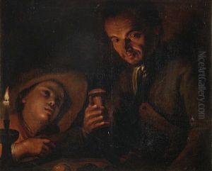 Figures By Candlelight In A Carved 19th Century Florentine Frame by Adam de Coster