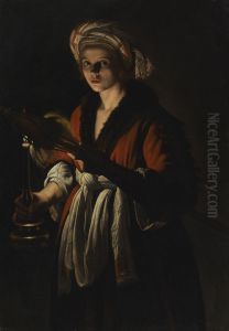 A Young Woman Holding A Distaff Before A Lit Candle by Adam de Coster