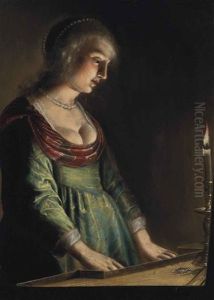 An Elegant Lady Playing The Spinet By Candlelight by Adam de Coster