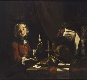 A Vanitas Still Life Of A Young Boy Holding A Candle In Front Of A Table