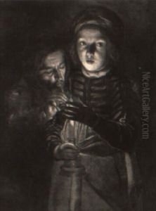 Young Boy Holding A Candle With Man Leaning Over His Shoulder by Adam de Coster