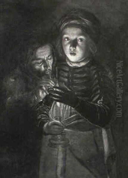 Young Boy Holding A Candle With A Man Lighting A Pipe - view 1