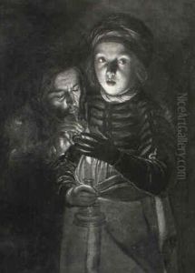 Young Boy Holding A Candle With A Man Lighting A Pipe by Adam de Coster