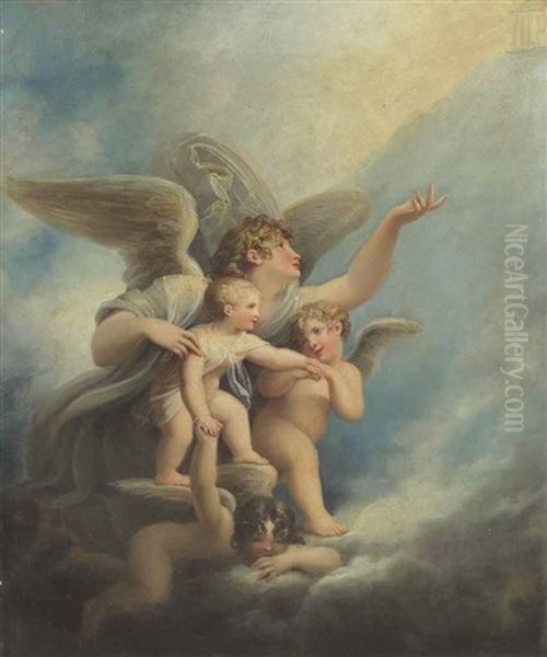 An Angel And Putti Accompanying A Child's Soul To Heaven - view 1
