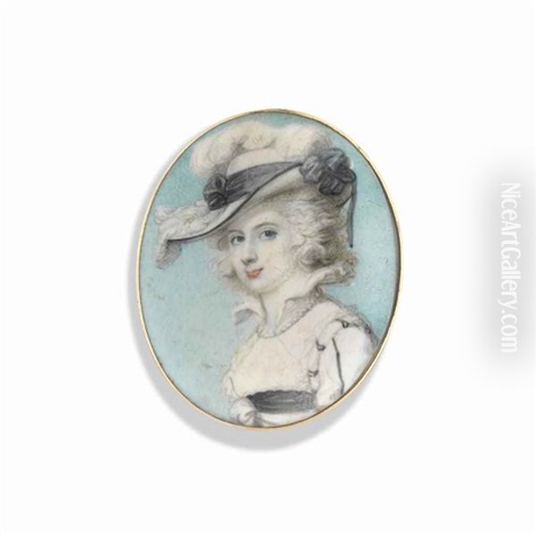 A Young Lady In White Dress And Wide-brimmed Hat With Black Ribbon And Ostrich Plumes - view 1