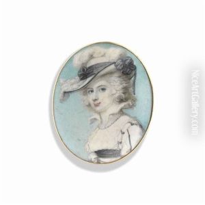 A Young Lady In White Dress And Wide-brimmed Hat With Black Ribbon And Ostrich Plumes