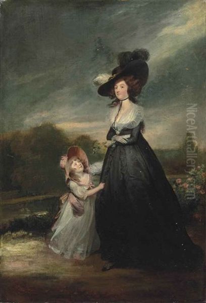 Portrait Of A Lady And A Young Girl, Full-length, The Lady In A Black Silk Dress With A White Lace Shawl, A Black Choker, From Which Hangs A Portrait Miniature, And A Black Hat With Black And White Feathers, The Girl In A White Chiffon Dress With Pink Bow - view 1
