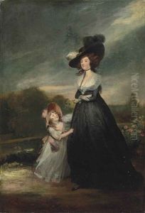 Portrait Of A Lady And A Young Girl, Full-length, The Lady In A Black Silk Dress With A White Lace Shawl, A Black Choker, From Which Hangs A Portrait Miniature, And A Black Hat With Black And White Feathers, The Girl In A White Chiffon Dress With Pink Bow by Richard Cosway