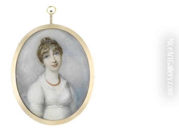 Lady Mary Henrietta Juliana Pelham Nee Osborne, Countess Of Chichester (1776-1862), Wearing White Dress With Frilled Collar, Coral Beaded Necklace, Her Brown Hair Upswept - view 1