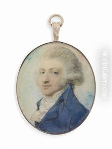A Young Gentleman, In Blue Coat, White Knotted Cravat, His Powdered Hair Worn En Queue; Sky Background by Richard Cosway