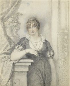 A Lady, Standing In A Classical Interior And Wearing Black Dress With Short Sleeves Slashed To Reveal White, White Frilled Standing Collar, Multi-stranded Pearl Necklace Suspending A Pendant Jewel by Richard Cosway