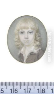 A Young Boy, Wearing Brown Coat, White Chemise With Lace Edged Collar, His Blond Curling Hair Falling To His Shoulders