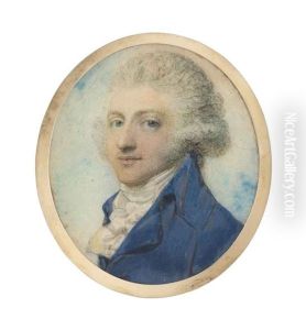 A Young Gentleman, In Blue Coat, White Knotted Cravat, His Powdered Hair Worn En Queue; Sky Background by Richard Cosway