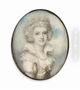 A Young Lady, In White Dress With High Collar, Pearls Worn Around Her Neck And Shoulder, Powdered Hair; Sky Background by Richard Cosway
