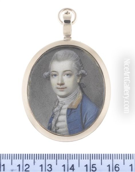 A Gentleman, Wearing Blue Coat With Gold Collar, White Waistcoat, Stock And Lace Cravat, His Powdered Wig Worn En Queue And Tied With A Black Ribbon Bow - view 1