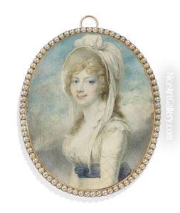 Princess Augusta Sophia, In White Dress With Frilled Open Collar, The Sleeves Embroidered With A Criss-cross Pattern, Blue Sash Tied Around Waist