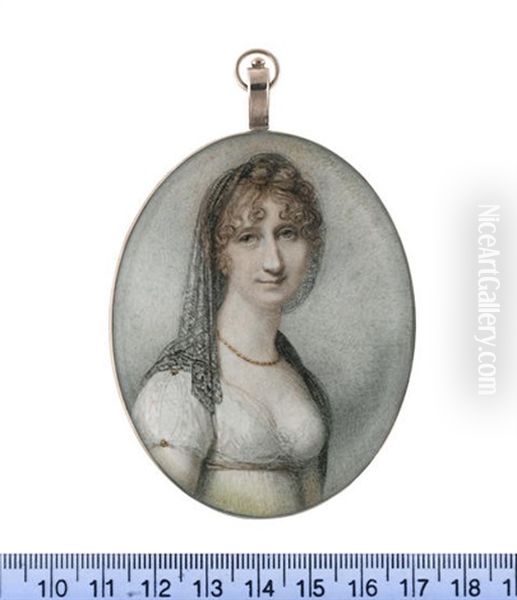 A Lady, Wearing Classical Inspired White Dress, Her Sleeves Fastened With Gold Buttons, Buff Waistband, Gold Necklace, Black Lace Veil, Her Hair Curled... - view 1