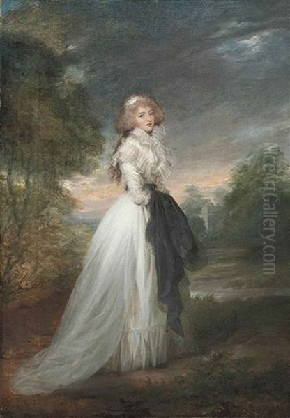 Portrait Of A Lady In A White Dress With A Black Belt, Holding A Black Lace-trimmed Shawl, In A Landscape With Ruins Beyond - view 1