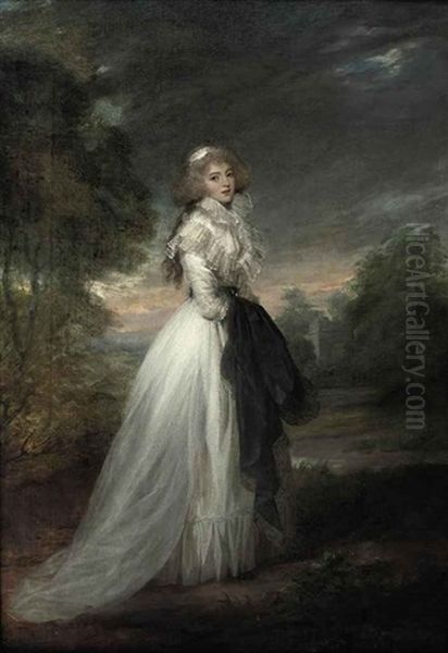 Portrait Of A Lady In A White Dress, Standing In A Park Landscape Holding A Dark Robe - view 1