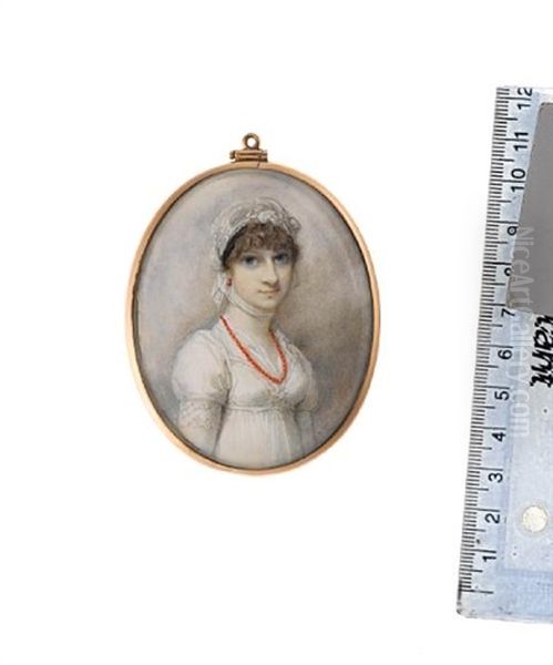 The Hon. Mrs Caroline Elwes (nee Pelham), Wearing White Dress, Fill-in, Coral Necklace And Coral Pendent Earrings, Black Bandeau - view 1