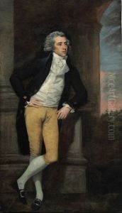 Portrait Of A Young Gentleman, Wearing A Blue Coat, Leaning On A Pillar, A Landscape Beyond by Richard Cosway