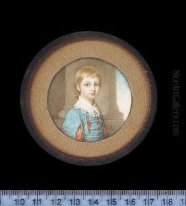 A Young Boy, Wearing Cyan-blue Doublet Slashed To Reveal Scarlet And Gold, His White Lace Trimmed Collar Tied With Tasselled Laces, Column Background by Richard Cosway