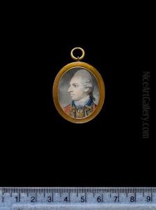 An Officer Wearing Scarlet Uniform With Blue Facings, Gold Epaulette And Button Holes, Gold Gorget With Pale Blue Ribbon, White Stock And Powdered Wig