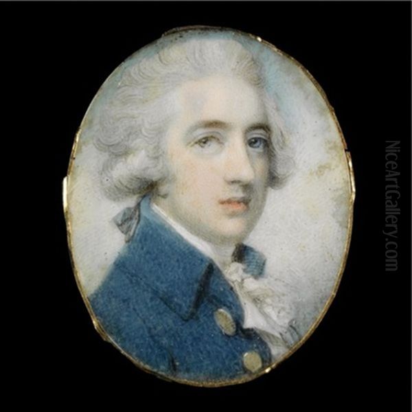 Portrait Of A Gentleman, Head And Shoulders, With Powdered Hair En Queue, Wearing A Blue Coat With Brass Buttons And A White Cravat, Cloud And Sky Background - view 1