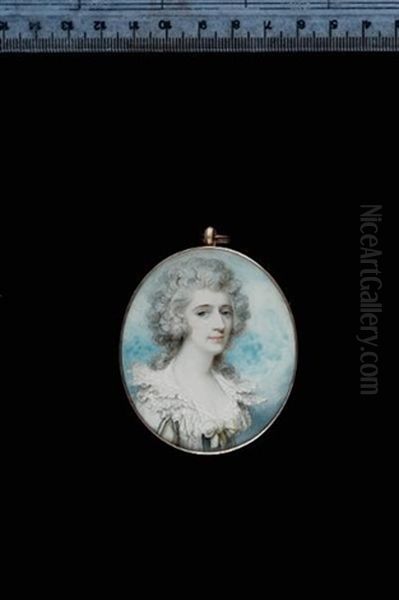 A Lady, Wearing Black And White Dress With Layered And Frilled Collar, A Pale Yellow Ribbon Bow At Her Corsage, Her Hair Powdered - view 1