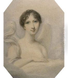 A Young Lady, As An Angel, Dark Curling Upswept Hair, Blue Eyes