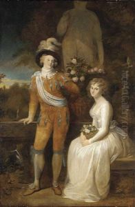 Double Portrait Of A Gentleman In Yellow And Blue Van Dyck Costume With A Young Woman Seated Before A Statue, In A Classical Garden Double Portrait Of A Gentleman In Yellow And Blue Van Dyck Costume With A Young Woman Seated Before A Statue, In A Classical Garden