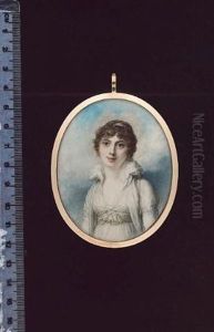 A Woman Wearing A White Dress With High Frilled Collar And Pale Yellow Waist-sash, White Over-dress, A Pearl Bandeau In Her Brown Hair (+ Her Child, With Auburn Hair Wearing A Coral Necklace, Verso) by Richard Cosway