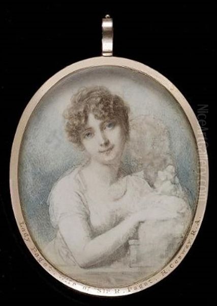 Lady Paget Wearing White Dress, She Leans On A Ledge, Her Hands Resting On A Plinth - view 1