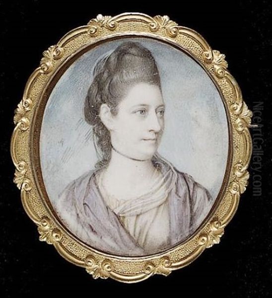 A Lady Wearing Draped Mauve Robes Over White Underdress, A Black Ribbon Choker Around Her Neck, Her Hair Powdered And Upswept - view 1