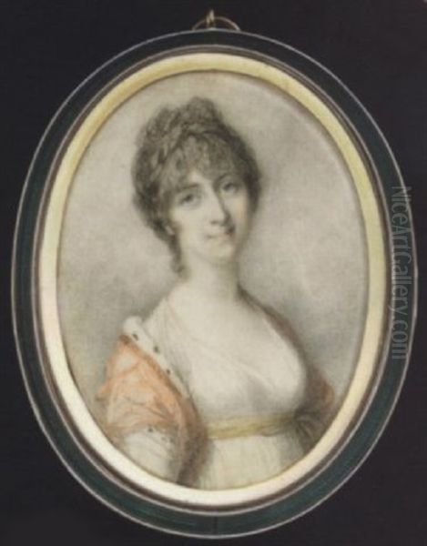 A Noblewoman Wearing Decollete White Dress With Yellow Waistband And Ermine Trimmed Red Cloak Over Her Shoulders - view 1