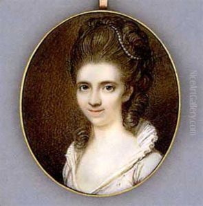 A Young Lady, In White Dress With High Standing Collar, String Of Pearls In Her Upswept And Curling Brown Hair