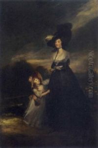 Portrait Of A Lady In A Black Dress And Hat And Portrait Of A Girl In A White Dress And Pink Bonnet by Richard Cosway