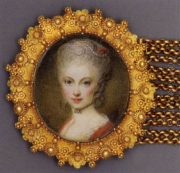A Young Lady In Red Dress With Lace Underdress, Black Ribbon Choker, Red Ribbon And String Of Pearls In Her Upswept Powdered Hair - view 1