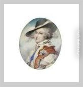 Portrait Of George Iv, As Prince Of Wales, Wearing Fancy Dress (prince Florizel Costume), Comprising Yellow-trimmed White Doublet Over A White Shirt With High Collar, Red Cloak With Blue Ribbon by Richard Cosway