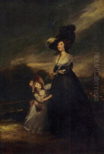 Portrait Of A Lady In A Black Dress And Hat, With Her Daughter In A White Dress And Pink Bonnet - view 1