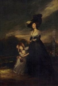 Portrait Of A Lady In A Black Dress And Hat, With Her Daughter In A White Dress And Pink Bonnet by Richard Cosway