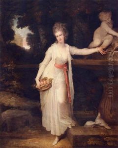 Portrait Of Mary Curzon, Lady Stawell, Standing By A Fountain, Wearing A White Dress And Holding A Basket Of Fruit by Richard Cosway