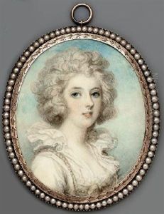 A Young Lady In White Dress With Frilled High Standing Collar, Yellow Bow At Corsage And String Of Pearls At Shoulders by Richard Cosway