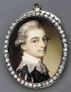 A Young Gentleman In Black Doublet, The Sleeves Slashed To Reveal Pink, White Shirt With Van Dyck Collar, Powdered Hair En Queue by Richard Cosway
