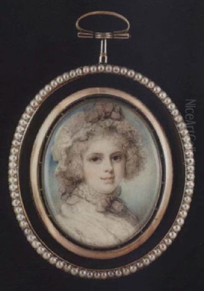 Portrait Of A Young Lady Wearing Small White Bonnet With Pink Ribbon Bow, White Dress And White Lace Ruff Collar Tied With Pink Ribbon Bow - view 1